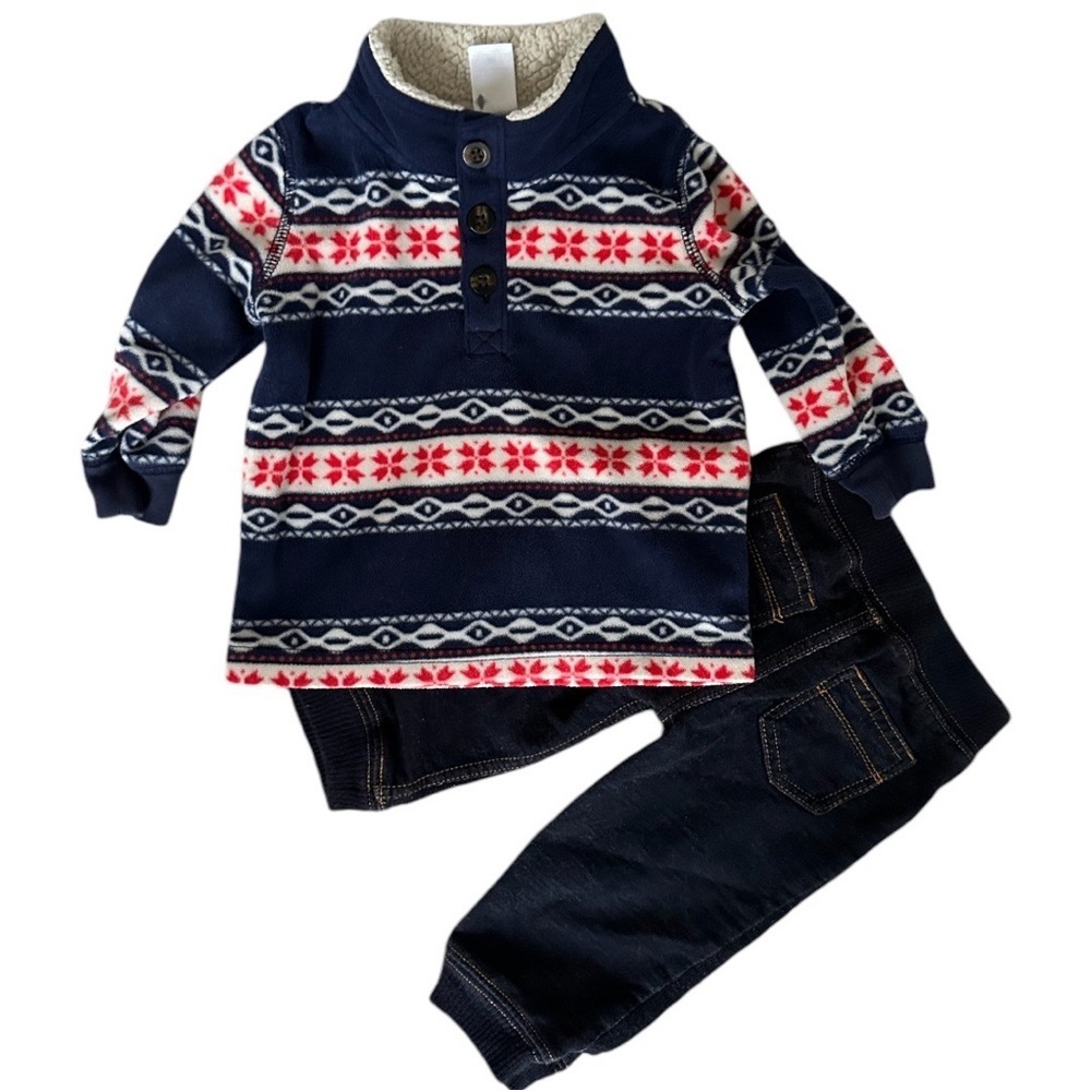 Carters Baby Boys Navy Fleece Pullover Sweater & Faux Dark Denim Joggers Set